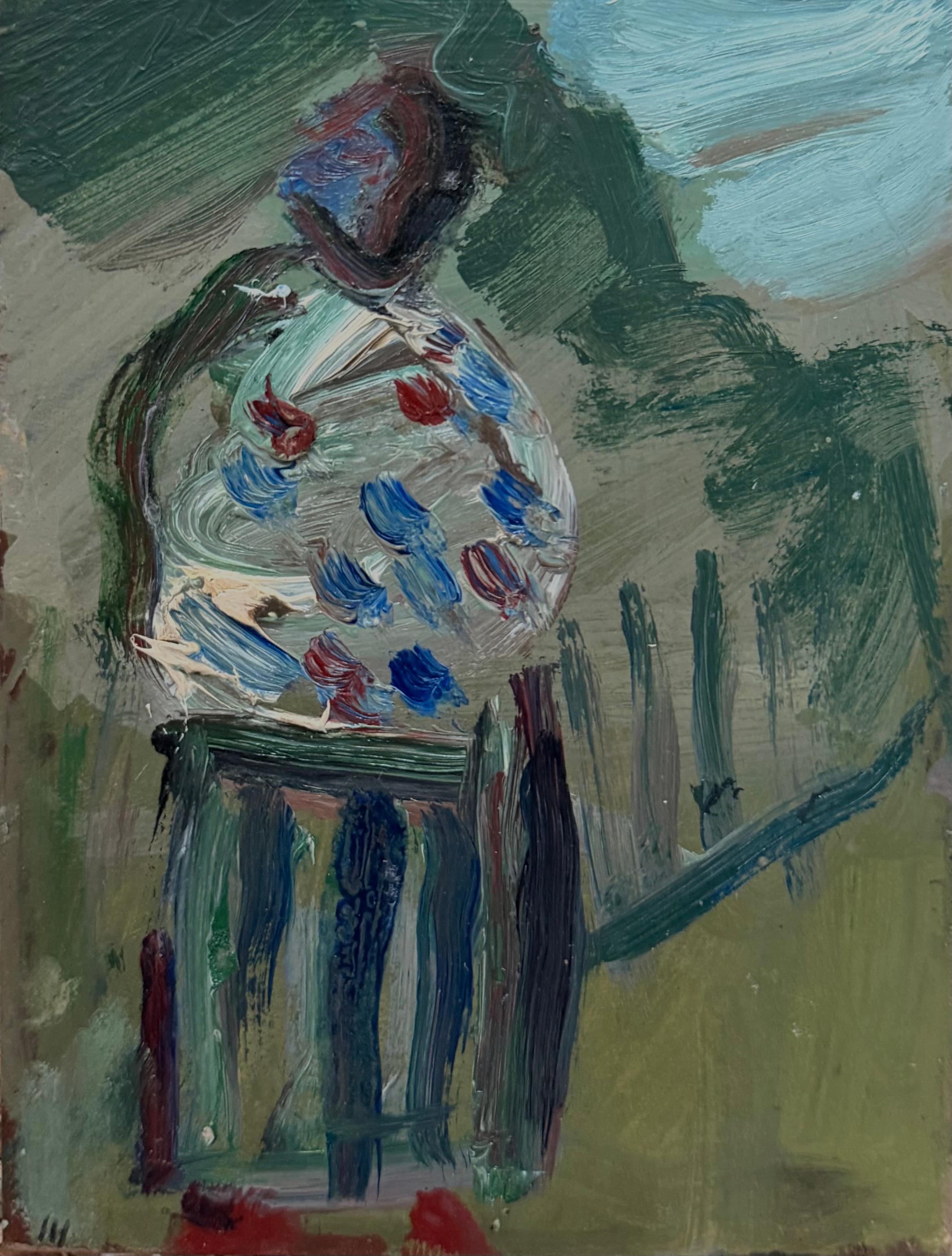 Irina Hale Figurative Painting - Figure in a Blue and Red Poke Dot Shawl Strolling Through The Country Field