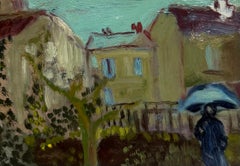 Figure In Blue Sky Gated Town Under Turquoise Umbrella British Oil Painting