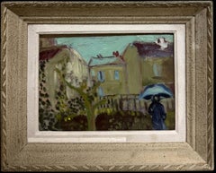 Figure In Blue Sky Gated Town Under Turquoise Umbrella British Oil Painting