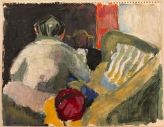 Figura sentada en pequeño salón acogedor Pintura al óleo modernista británica