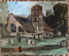 Figura paseando por los jardines de la iglesia Pintura al óleo modernista británica