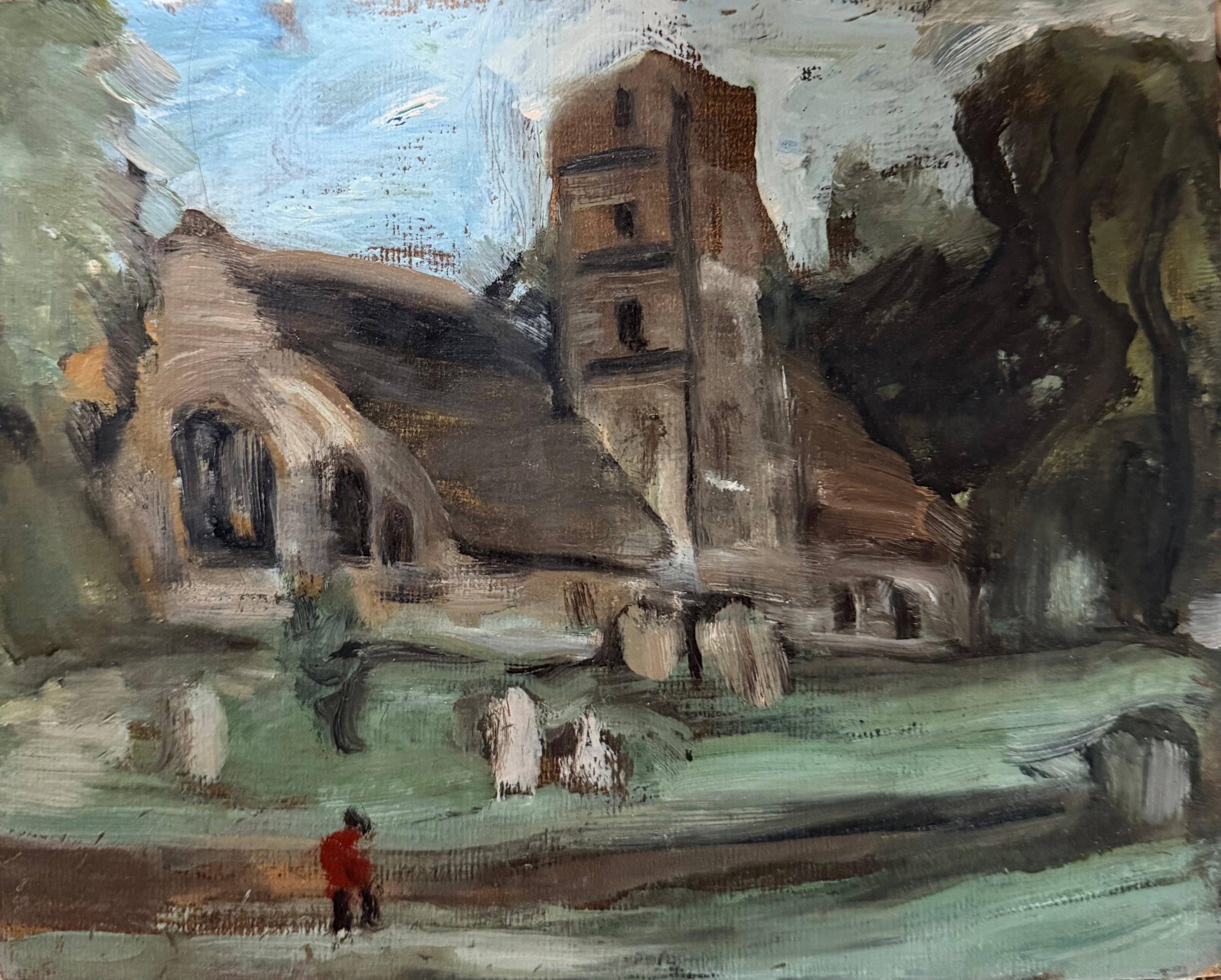 Figure Walking Through The Church Gardens British Modernist Oil Painting