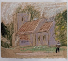 Figur, die zur Dorfkirche geht Britischer Modernist Pastell und Bleistiftskizze