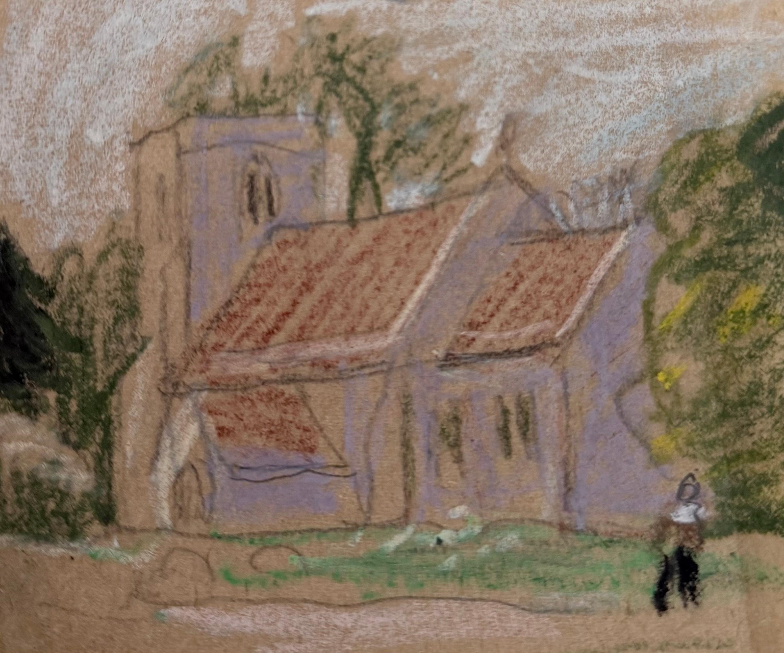 Figure walking To Village Church British Modernist Pastel and Pencil Sketch