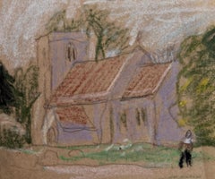 Figure marchant vers Church
s Esquisse au pastel et au crayon moderniste britannique