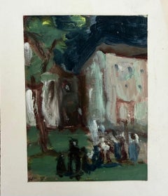 Figure riunite nel bosco del villaggio Pittura a olio modernista britannica