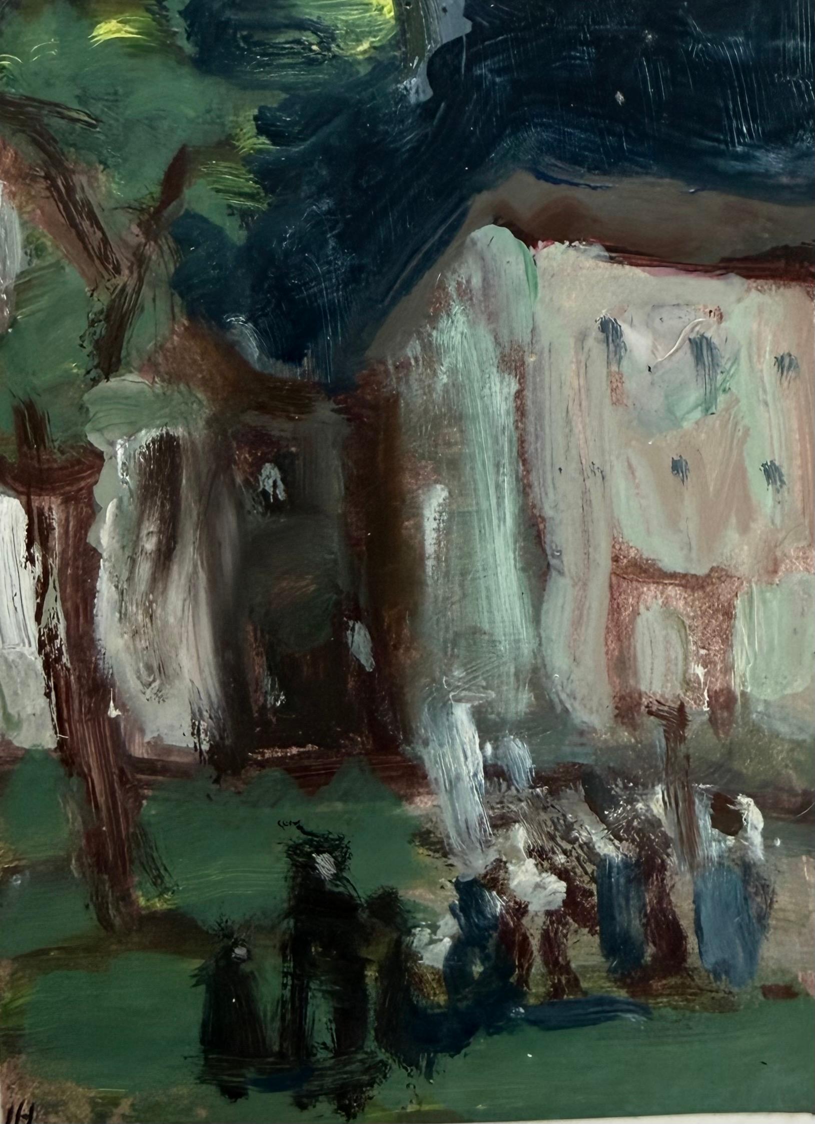 Figures Gathered In Village Woodland British Modernist Oil Painting