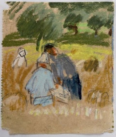 Figures Stood In Hay bail Corn Field British Modernist Pastel and Pencil Sketch