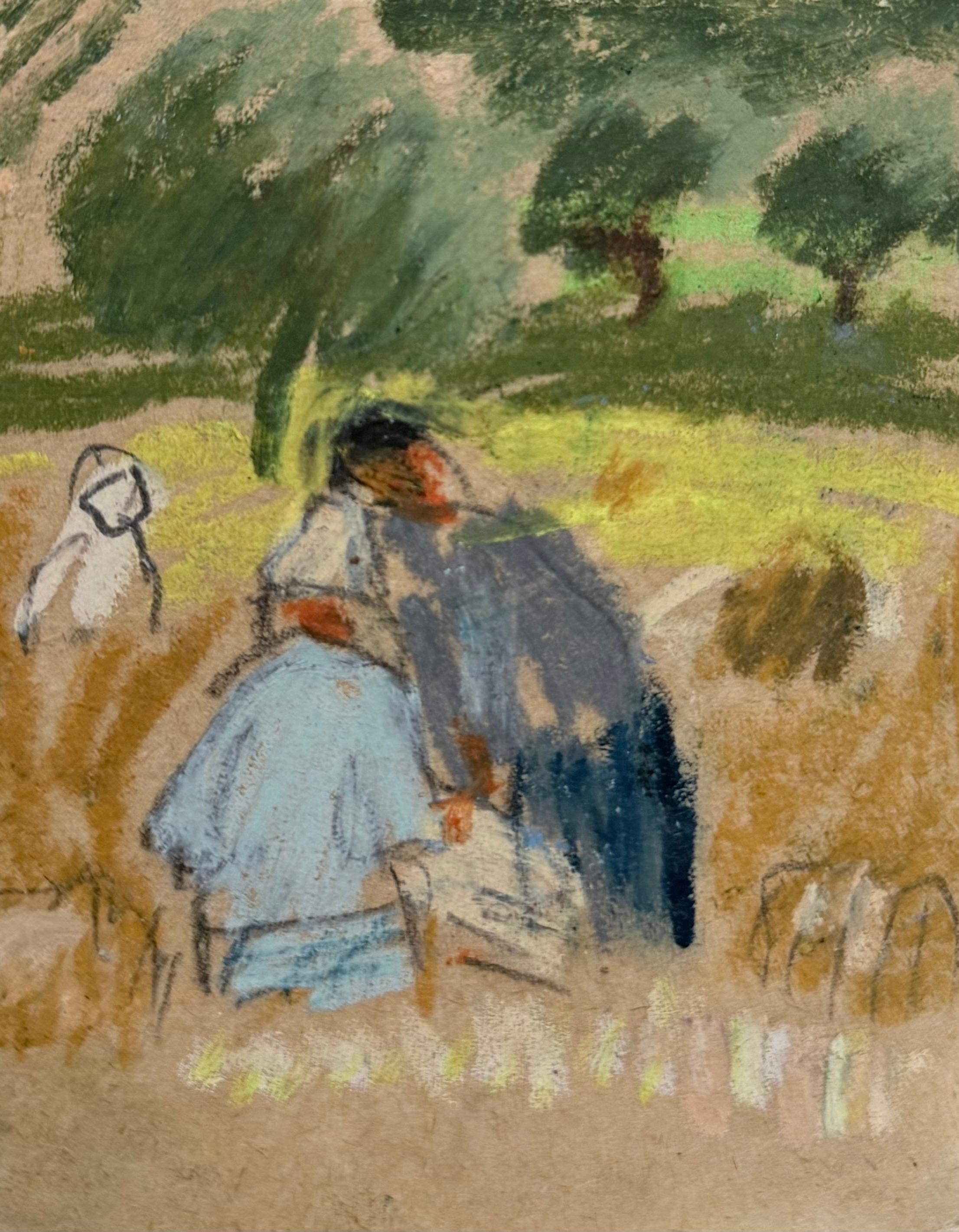 Irina Hale Landscape Painting - Figures Stood In Hay bail Corn Field British Modernist Pastel and Pencil Sketch