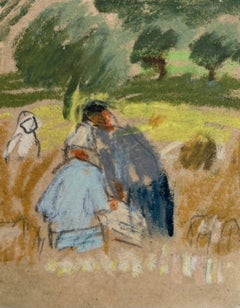 Figures Stood In Hay bail Corn Field British Modernist Pastel and Pencil Sketch