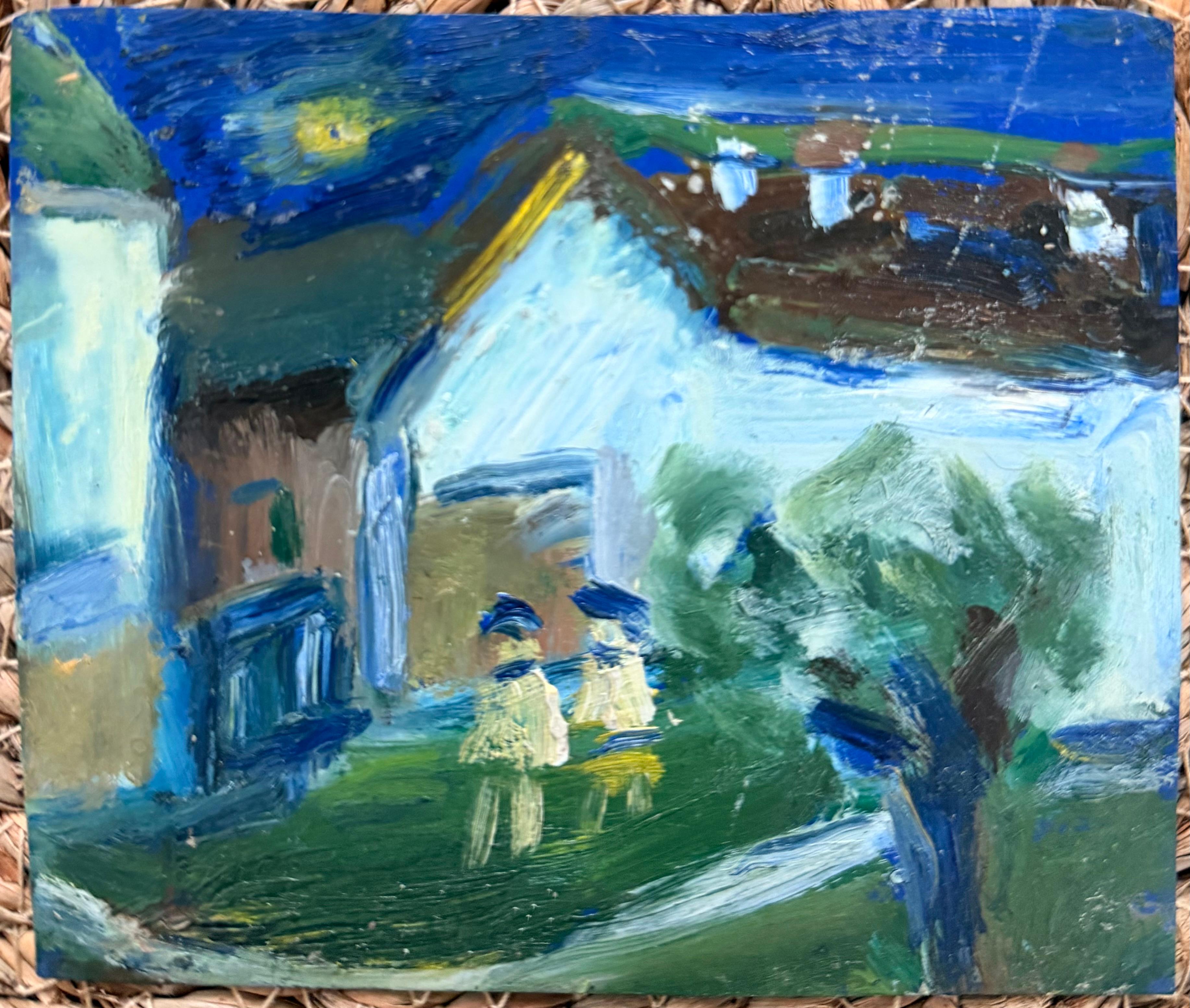 Figures Walking To The White Garden Barn Modernist Miniature Oil Painting