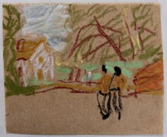 Figure che camminano verso il cottage Whiting Schizzo a pastello modernista britannico