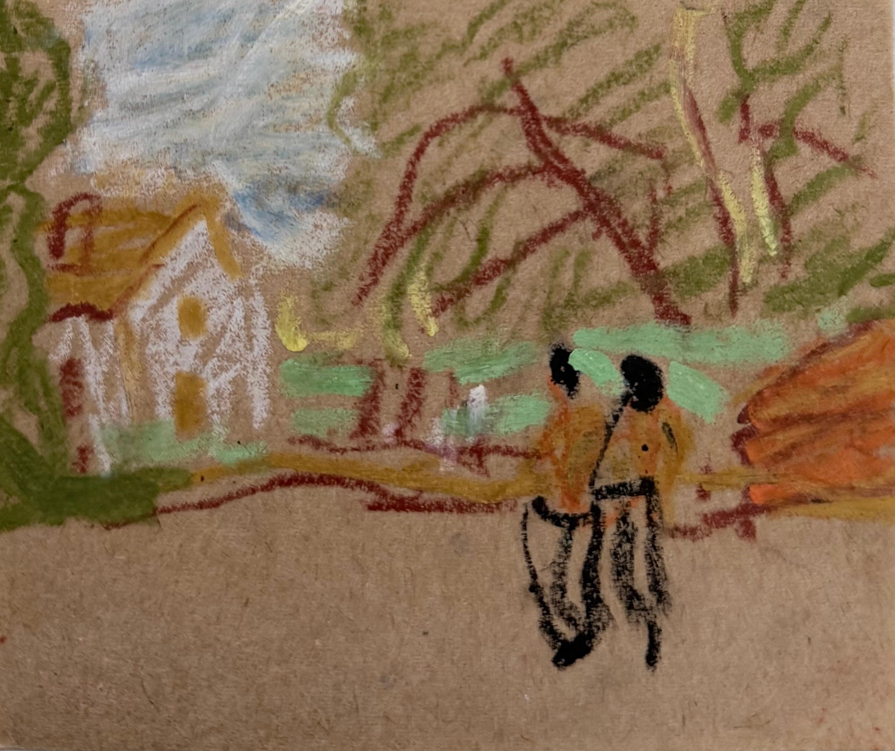 Figures Walking Towards The White Cottage British Modernist Pastel Sketch