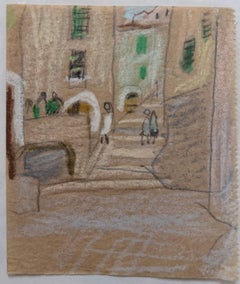 Figures Walking Up The Town Steps Landscape British Modernist Pastel Sketch