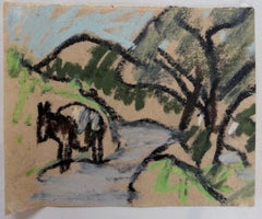 Horse In The River Valley Landscape British Modernist Pastel Sketch