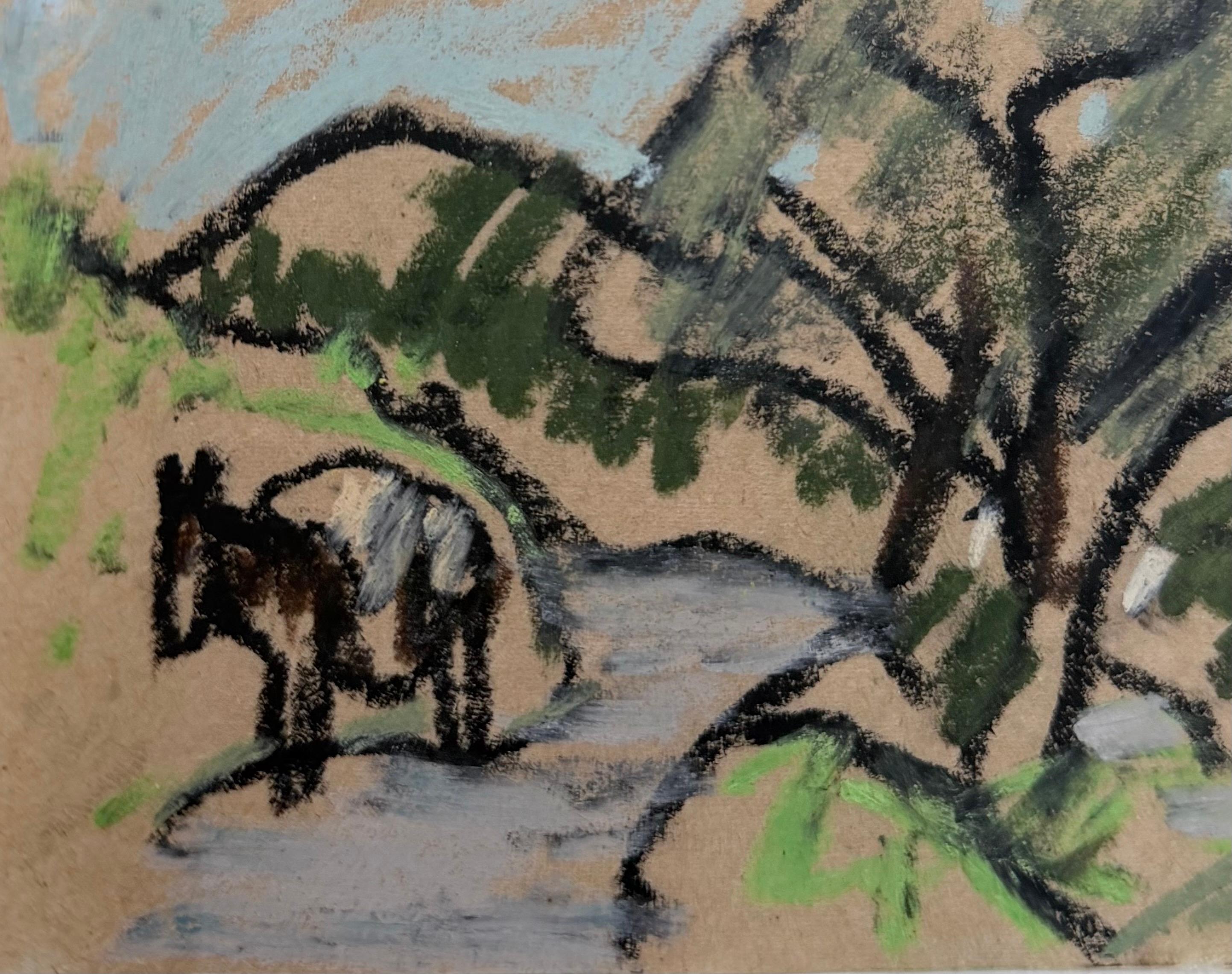 Horse In The River Valley Landscape British Modernist Pastel Sketch