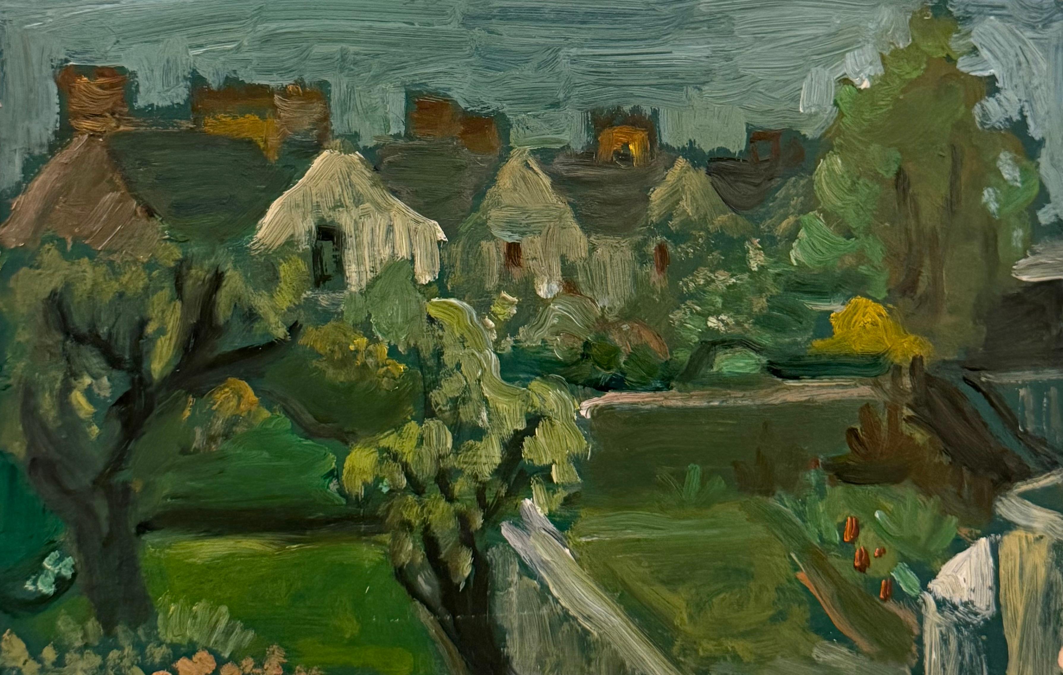 Irina Hale Landscape Painting - Houses Beyond the Garden Wall In Evening Light British Modernist Oil Painting