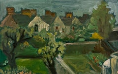 Houses Beyond the Garden Wall In Evening Light British Modernist Oil Painting