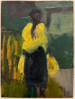 Lady in Yellow Shawl Portrait In Green Landscape Modernist Oil Painting