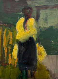 Lady in Yellow Shawl Portrait In Green Landscape Modernist Oil Painting