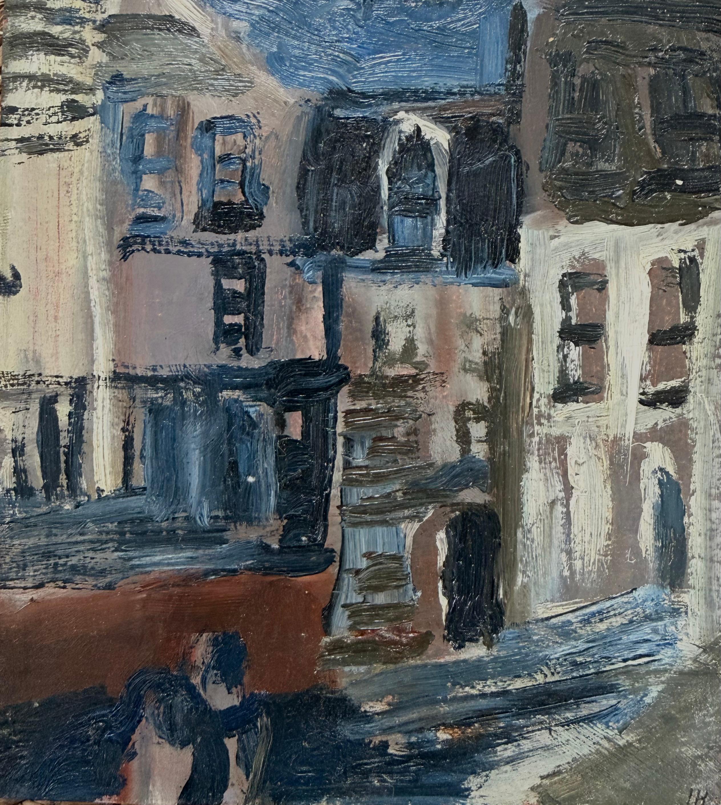 Midnight Street Scene with Terraced Houses British Modernist Oil Painting
