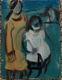 Madre e figlio con un vestito giallo e bianco Pittura ad olio modernista britannica