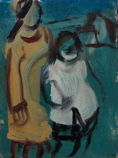 Mother and Child in a Yellow and White Dress British Modernist Oil Painting