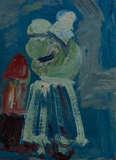 Mother Carrying Her Child Oil Sketch in a Blue Interior Modernist Painting
