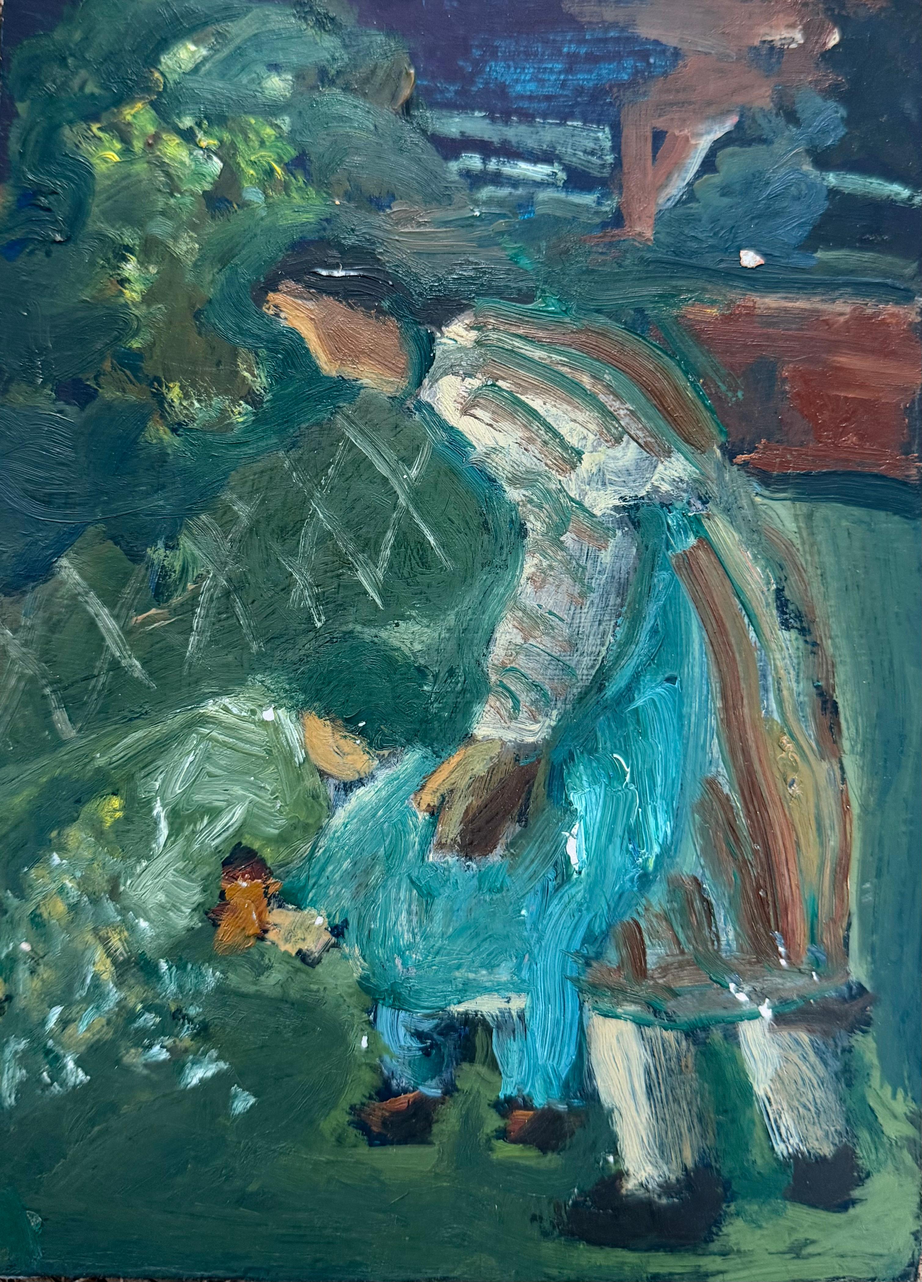 Mother Guiding Her Child Into The Gardening British Modernist Oil Painting