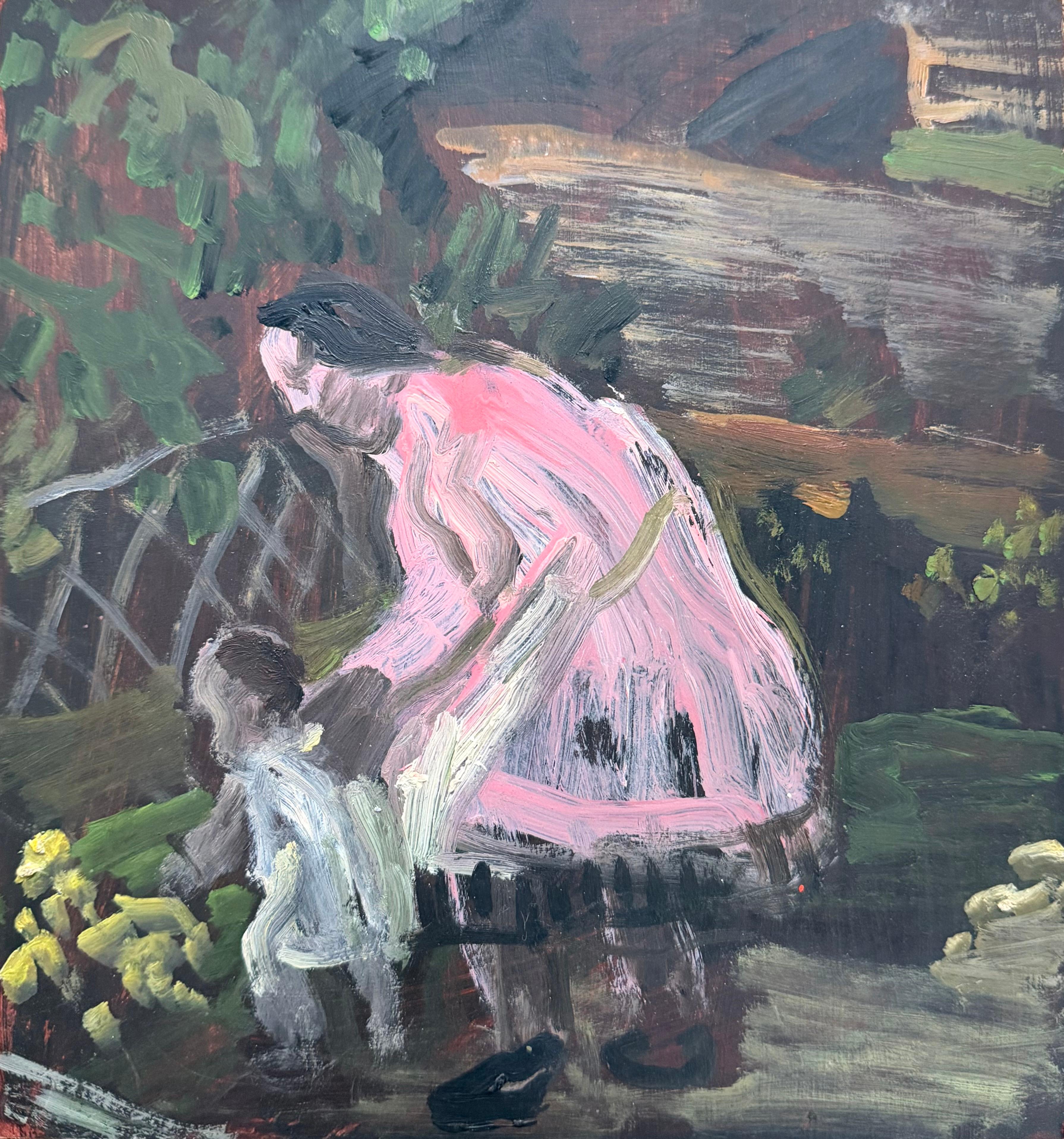 Mother In a Pink Dress Guiding Her Child British Modernist Oil Painting