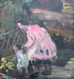 Mother In a Pink Dress Guiding Her Child British Modernist Oil Painting