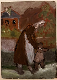 Mother Maid and Child Talking First Steps British Modernist Oil Painting