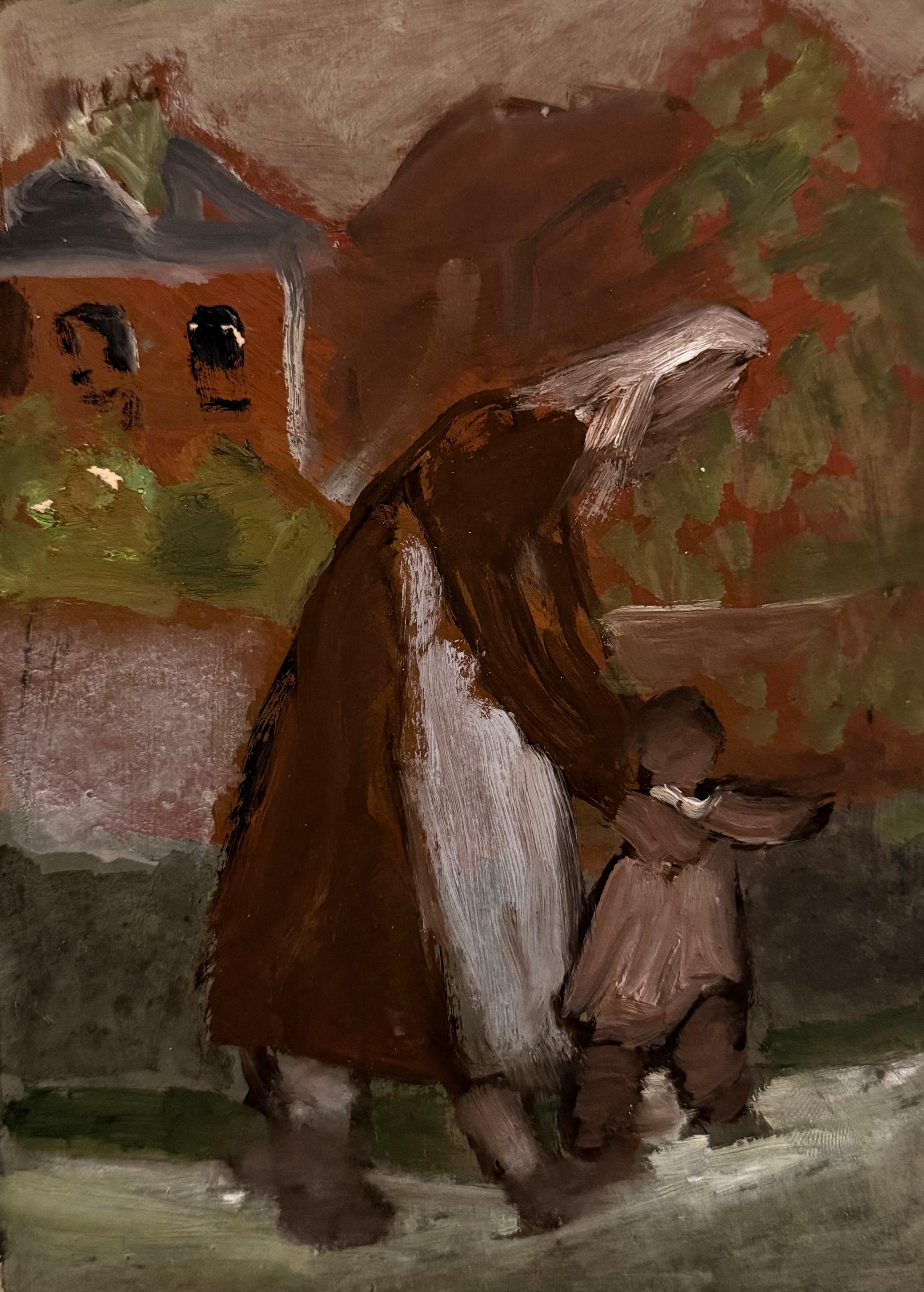 Irina Hale Landscape Painting - Mother Maid and Child Talking First Steps British Modernist Oil Painting