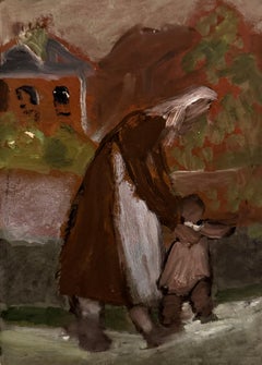 Mother Maid and Child Talking First Steps British Modernist Oil Painting