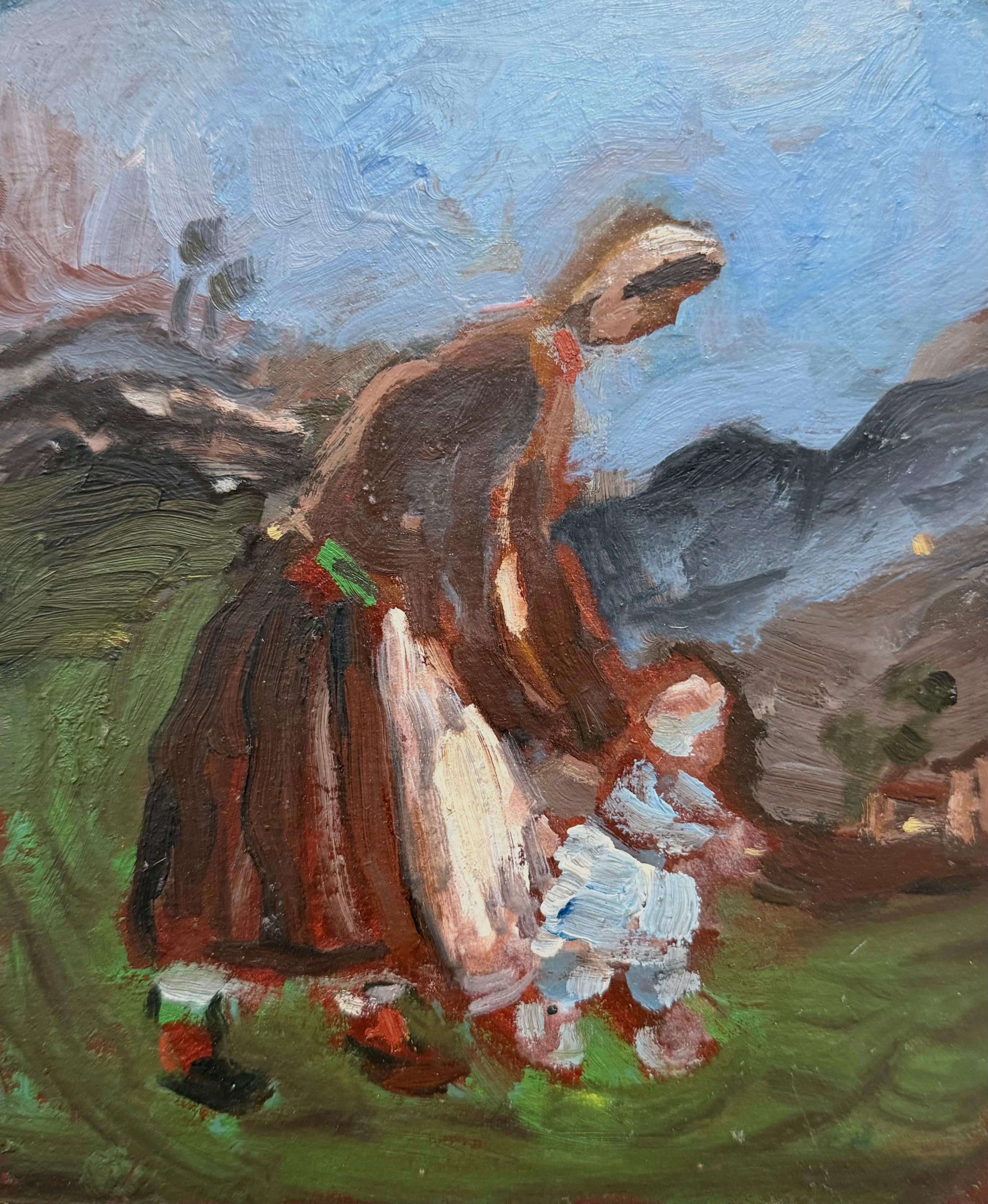 Mother Maid and Child Talking First Steps British Modernist Oil Painting