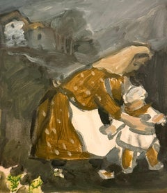 Mother Maid and Child Talking First Steps British Modernist Oil Painting