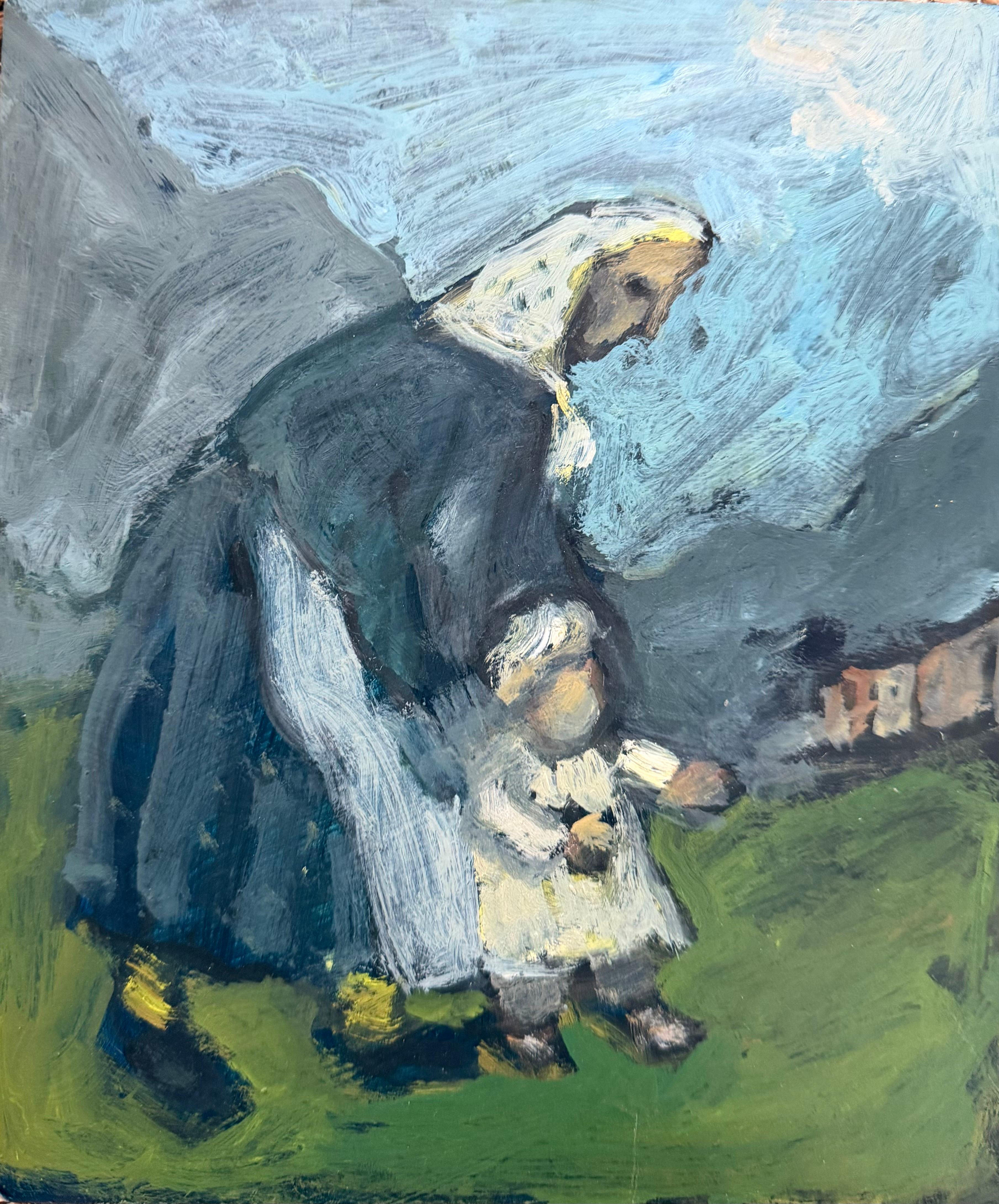 Mother Maid and Child Walking in Meadows British Modernist Oil Painting