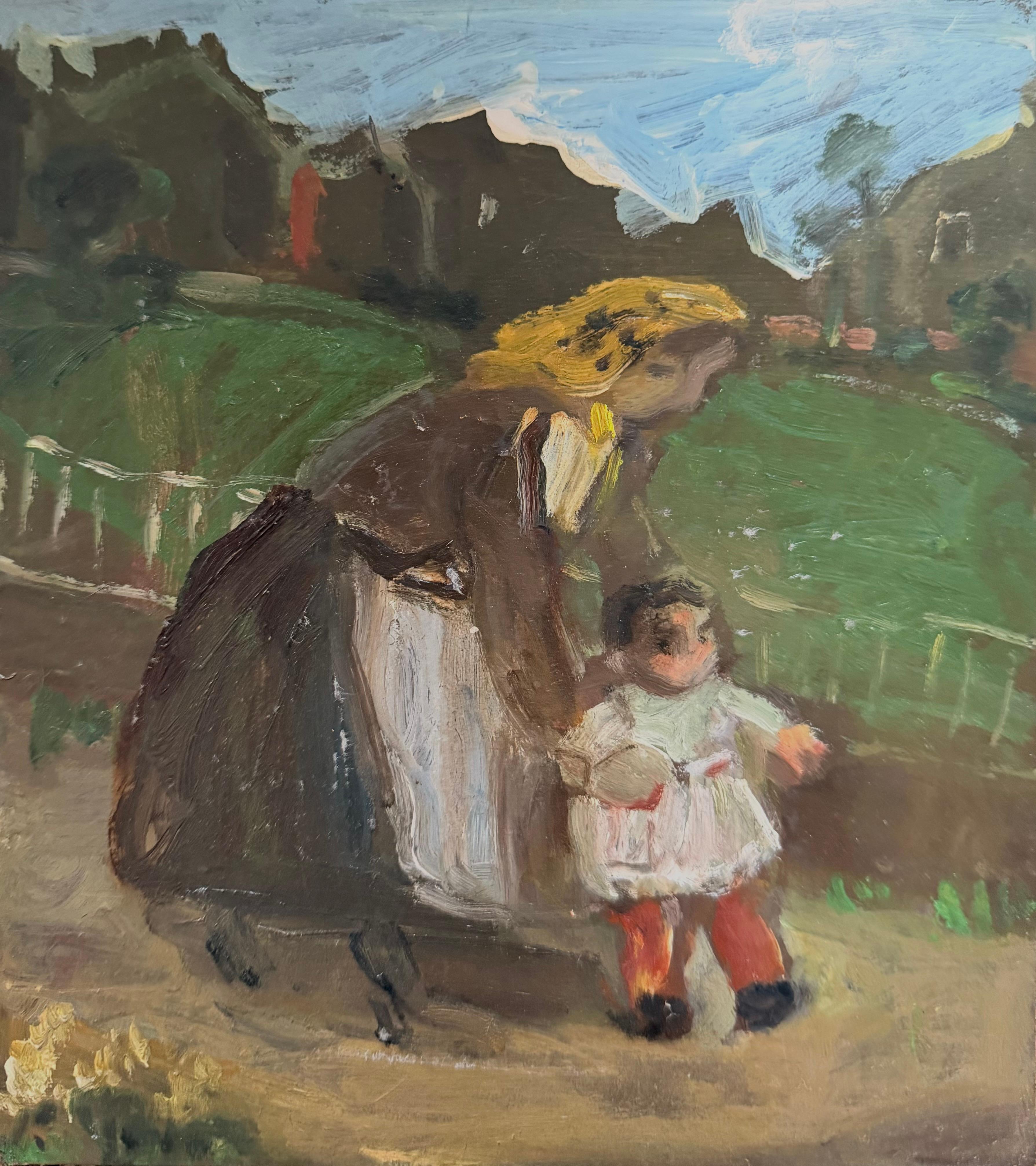 Irina Hale Landscape Painting - Mother Maid Guiding Her Child Through The Track British Modernist Oil Painting