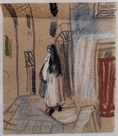 Suora che si sveglia attraverso un paesaggio stradale stretto Schizzo a pastello modernista britannico