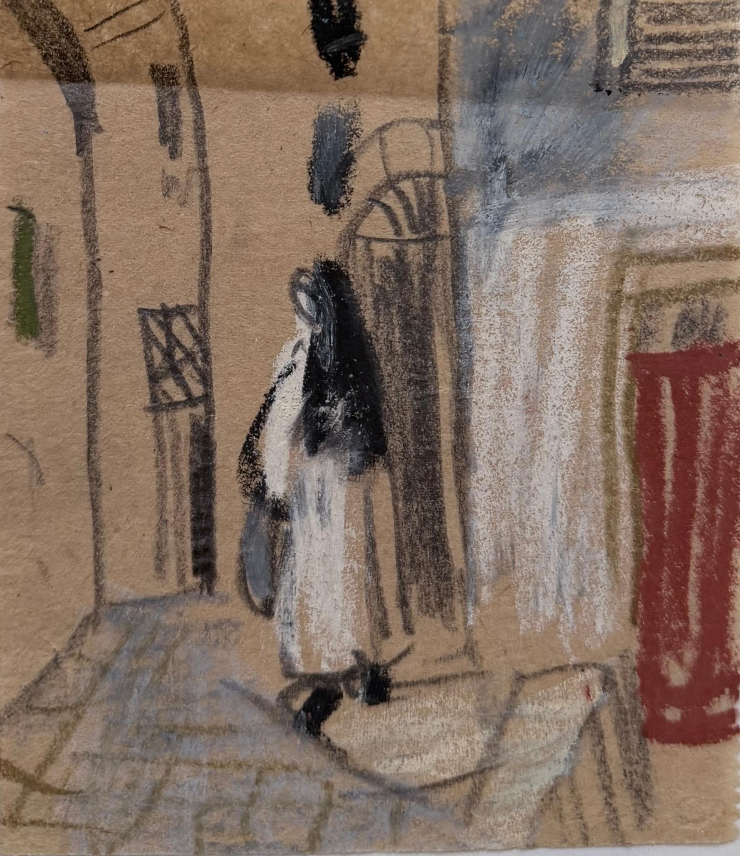 Irina Hale Figurative Painting - Nun Waking Through Tight Street Landscape British Modernist Pastel Sketch
