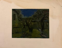 Oliveti al chiaro di luna Recinzione del giardino Pittura ad olio modernista britannica