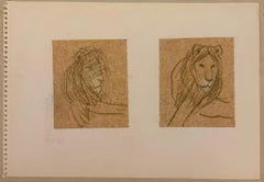 Paired Studies of Lions in Profile 1960's British Modernist Drawing