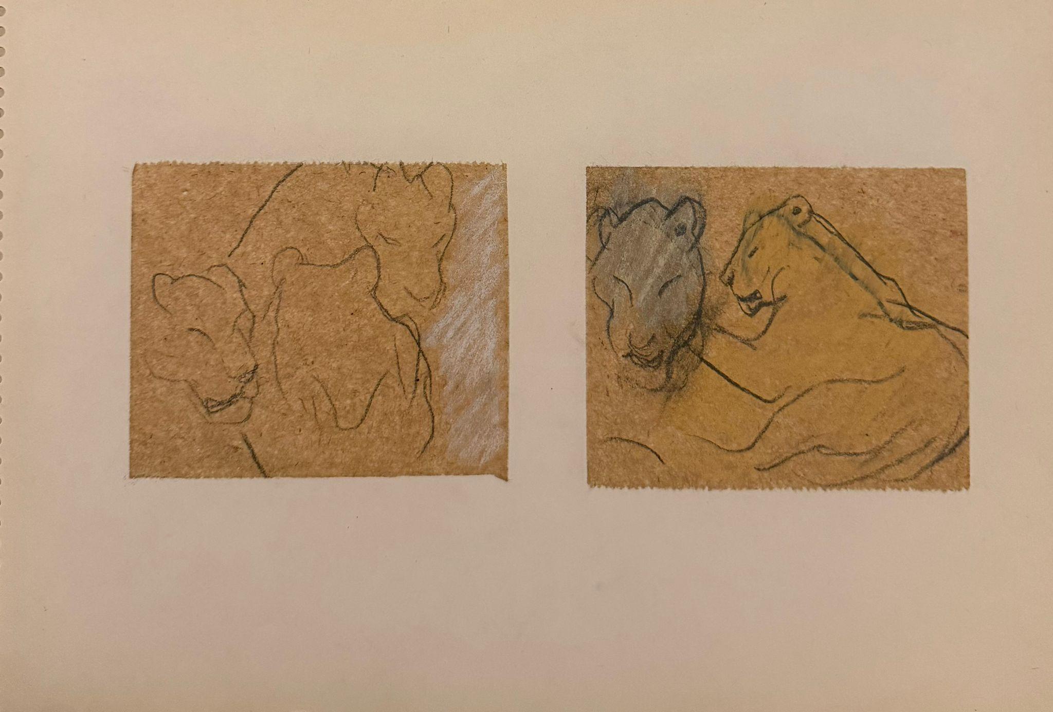 Irina Hale Animal Painting – Paired Studies of Lions in Profile 1960
s British Modernist Drawing