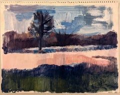 Rosa Felder in blauem Himmel Sommerwiese Britische Modernist Ölgemälde