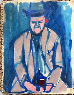 Portrait of A Dapper Man In Top Hat Bright Blue Colours British Oil Painting
