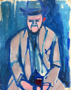 Irina Hale - Portrait of A Dapper Man In Top Hat Bright Blue Colours British Oil Painting Portrait of A Dapper Man In Top Hat Bright Blue Colours British Oil Painting