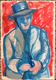 Portrait of A Dapper Man with Pipe Bold Colors British Modernist Oil Painting