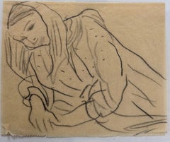 Portrait of a Female Deep In Thought British Modernist Pencil Sketch