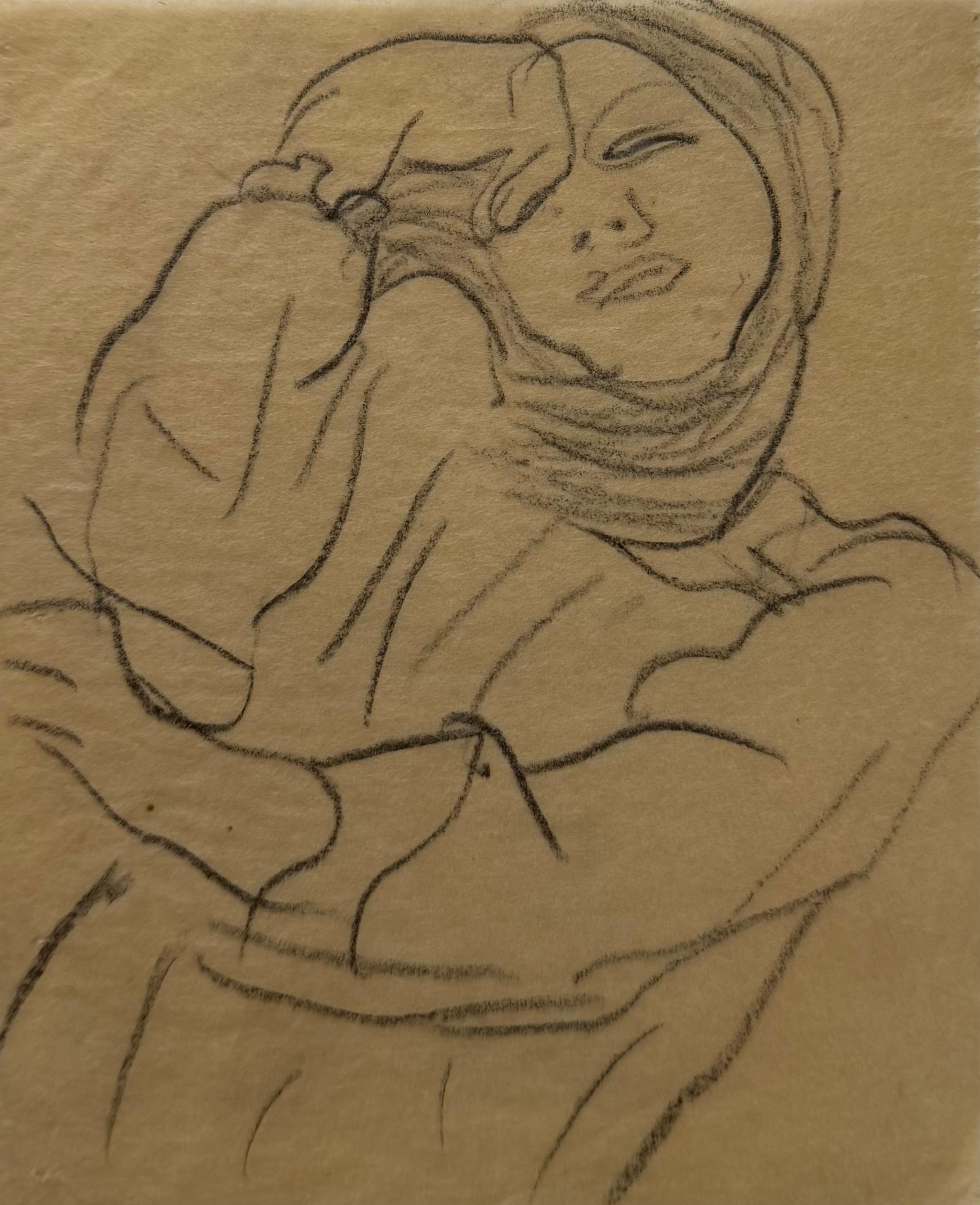 Portrait of a Female Deep In Thought British Modernist Pencil Sketch - Art by Irina Hale