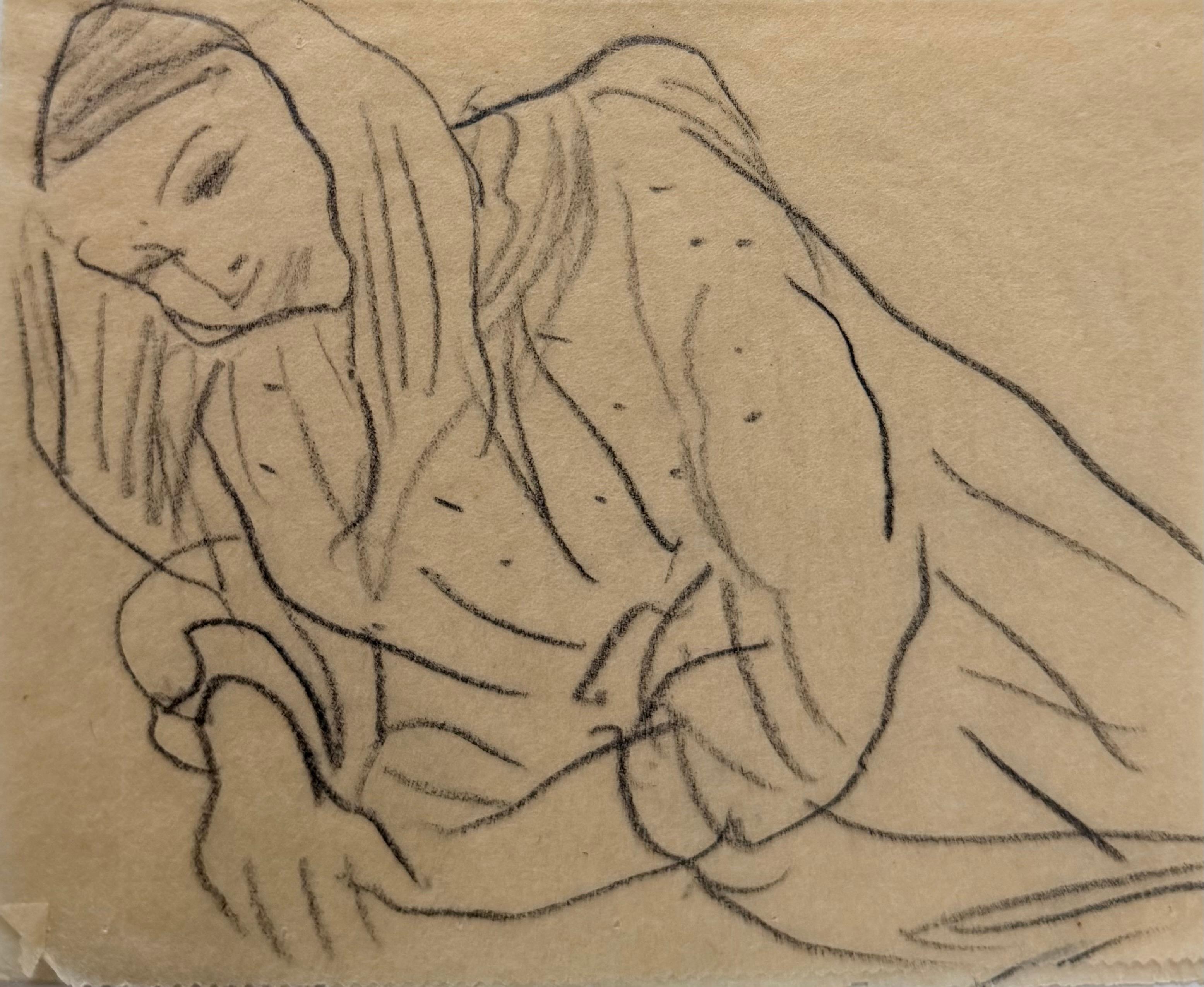 Portrait of a Female Deep In Thought British Modernist Pencil Sketch